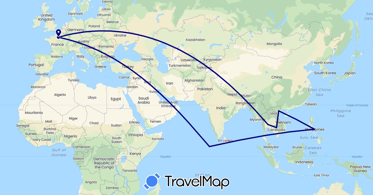 TravelMap itinerary: driving in France, Cambodia, Maldives, Philippines, Thailand, Vietnam (Asia, Europe)
